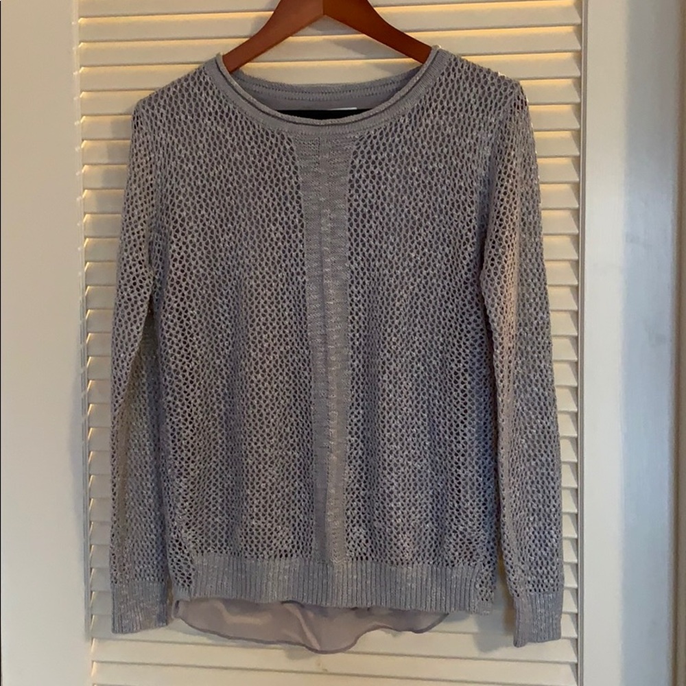 Lightweight gray crochet sweater, lined, open back